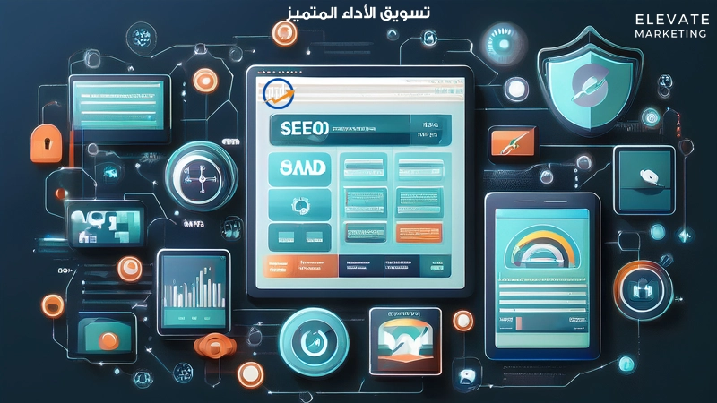 رسم توضيحي يُظهر شاشة موقع إلكتروني مع رموز سرعة التحميل، قفل الأمان، خريطة موقع، وأيقونة هاتف ذكي، يرمز إلى تحسين الجوانب التقنية للموقع مثل سرعة التحميل، الأمان، التوافق مع الجوال، وهيكلة الموقع لتسهيل زحف وفهرسة محركات البحث